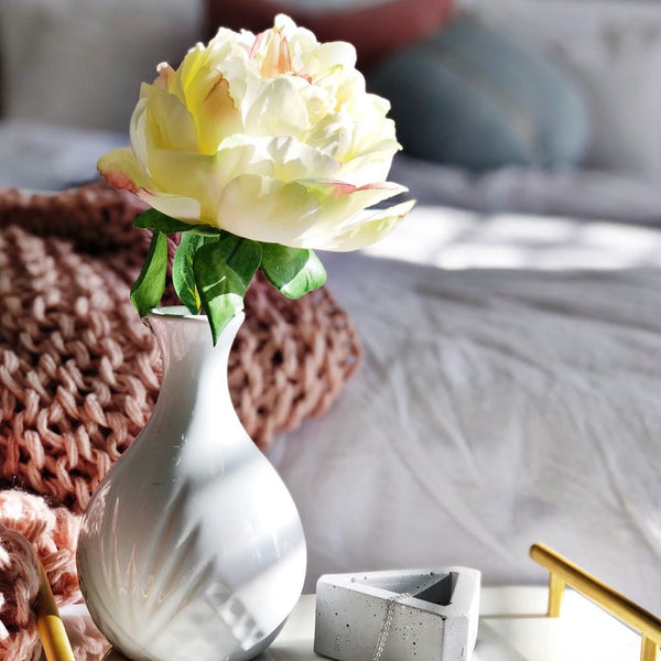cream peony in vase, artificial flowers, faux flowers, trinket tray
